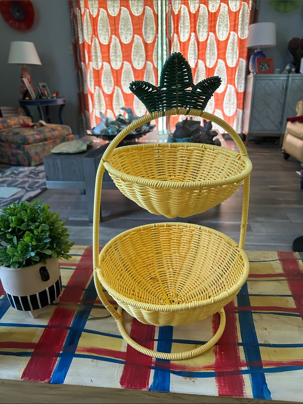 Yellow Two-Tier Wicker Serving Basket with Green Pineapple Accent